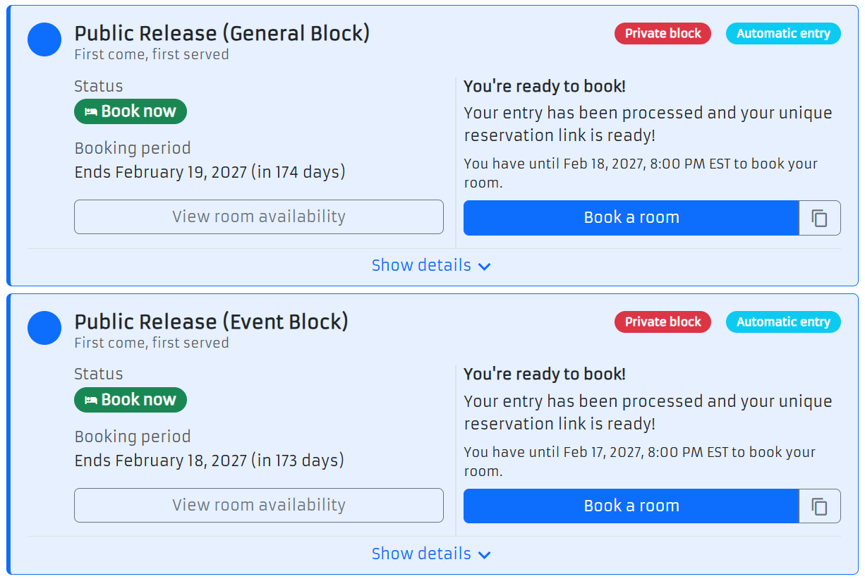 The Public Release General Block and Event Block, each with a Book a room button