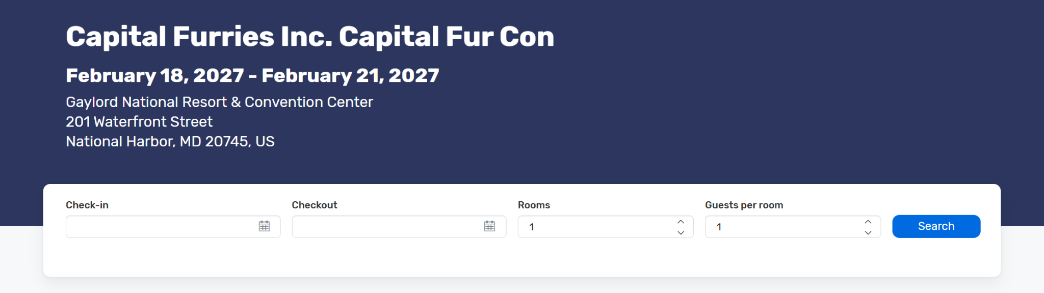 Hotel booking page for Capital Fur Con, February 18 to 21, 2027, at the Gaylord National Resort