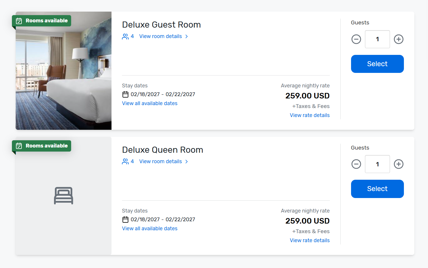 Deluxe Guest Room and Deluxe Queen Room, each 259.00 USD per night plus taxes and fees